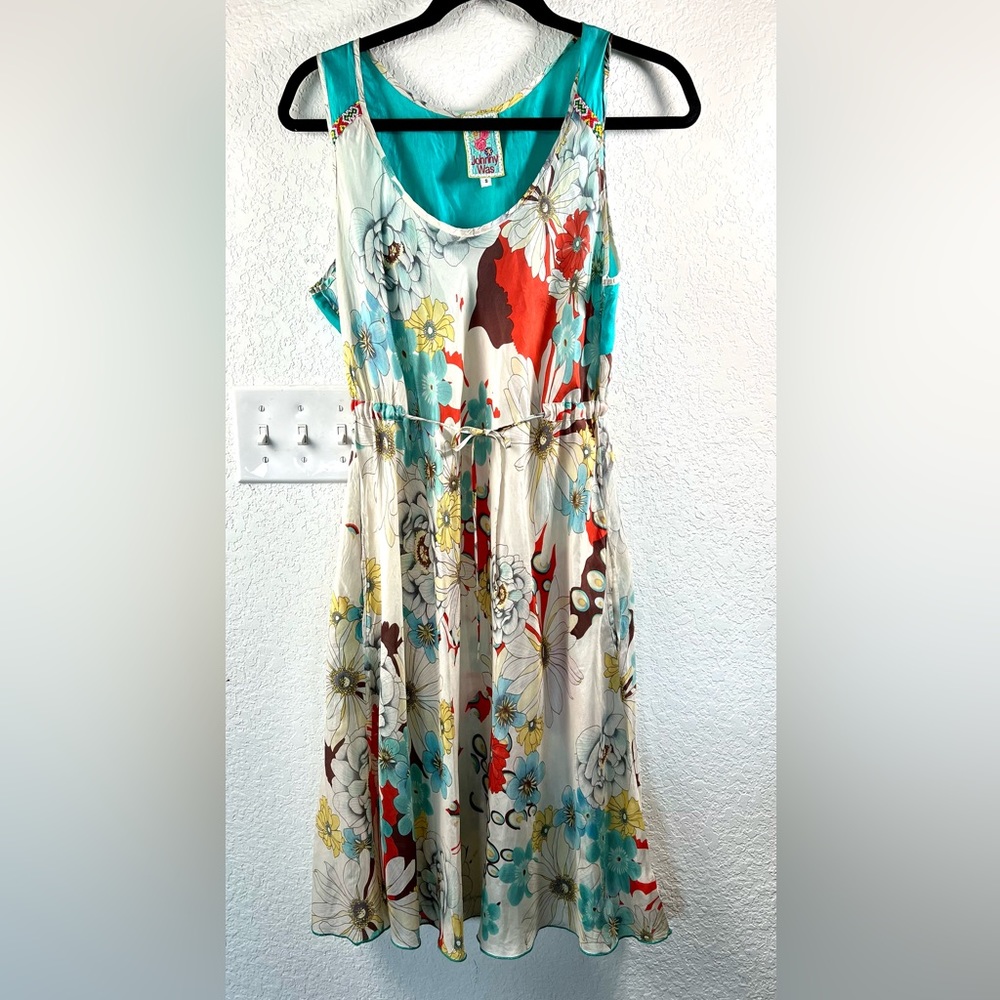 Johnny Was Silk Floral Dress with Embroidery on Shoulders S/M